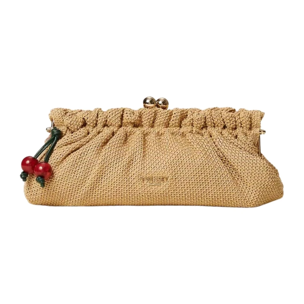 Twinset Women's Beige Raffia Clutch With Cherry Charm