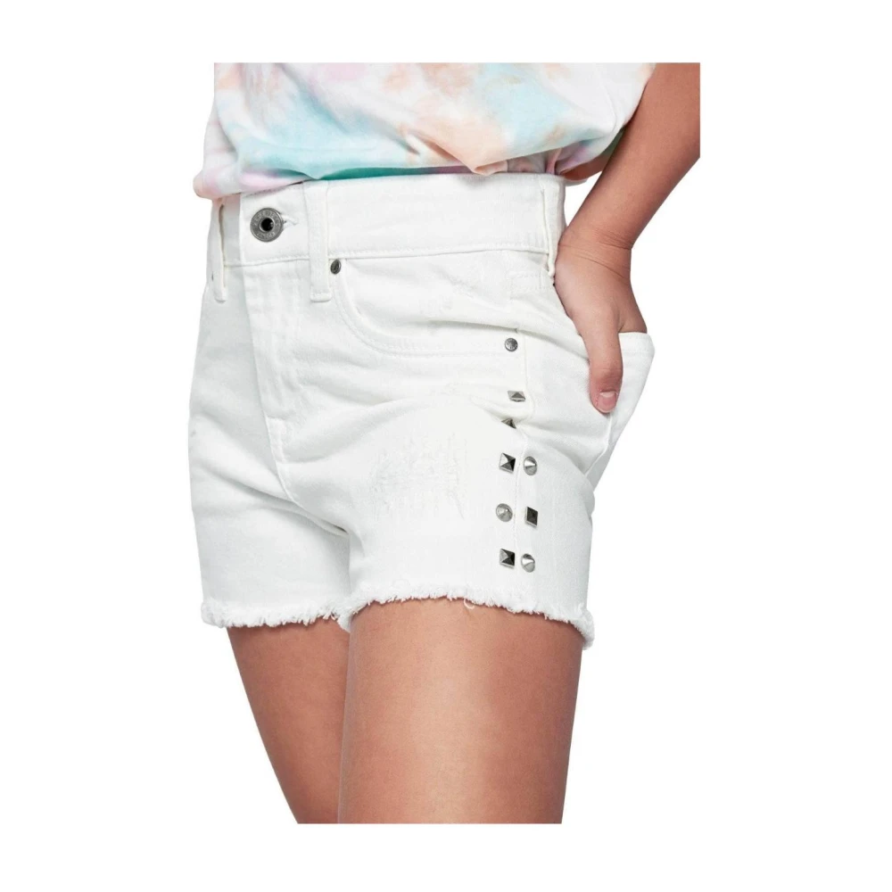 Pepe Jeans Vit High Waist Denim Shorts med Metallnitar White, Flicka