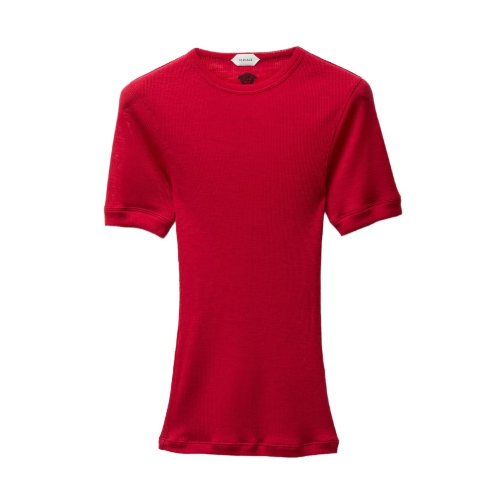 Versace Women's Red Round-Neck Knitwear, Xs, Embroide Wool Ribbed Knit T-Shirt