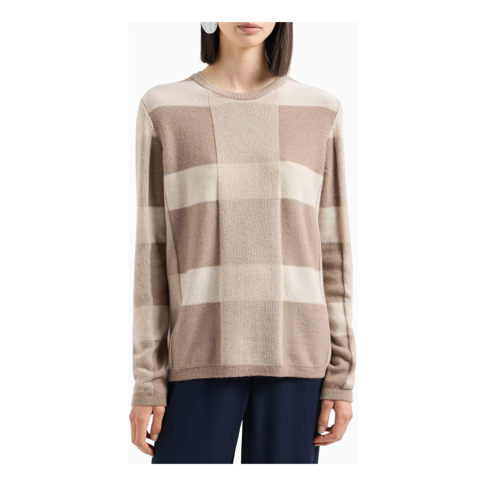 Emporio Armani Geruit Patroon Trui Lange Mouw Ribboorden Beige Dames