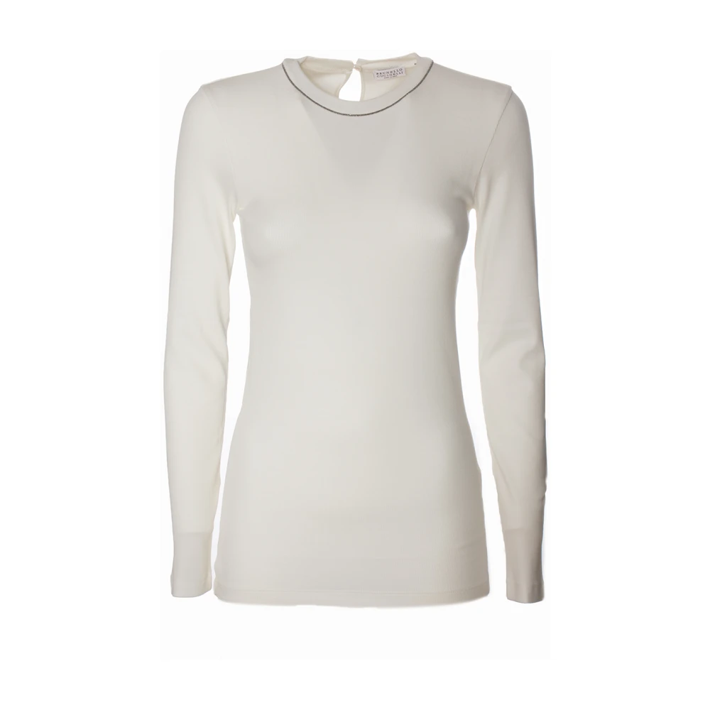 BRUNELLO CUCINELLI Elegante T-shirt met Lange Mouwen en Juweel Detail White Dames