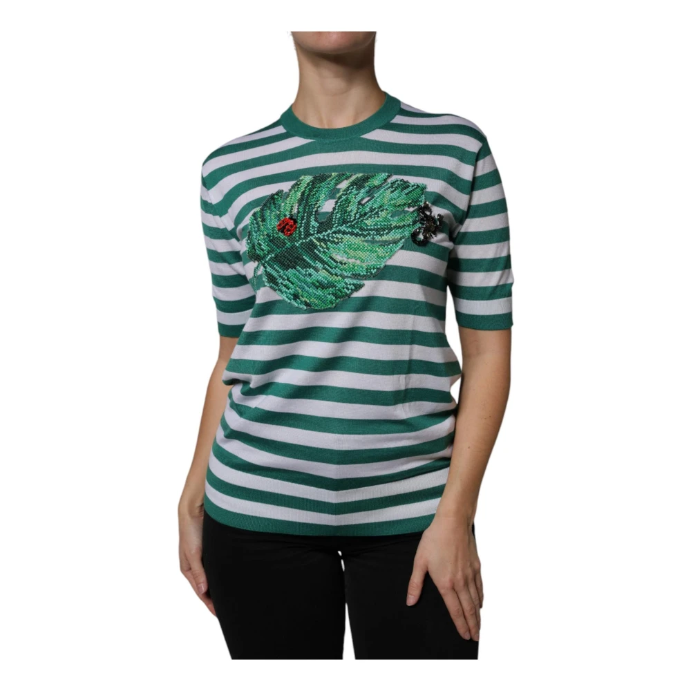 Dolce & Gabbana Women's Multicolor T-Shirts, 2XS, Striped Leaf Crew Neck T-Shirt