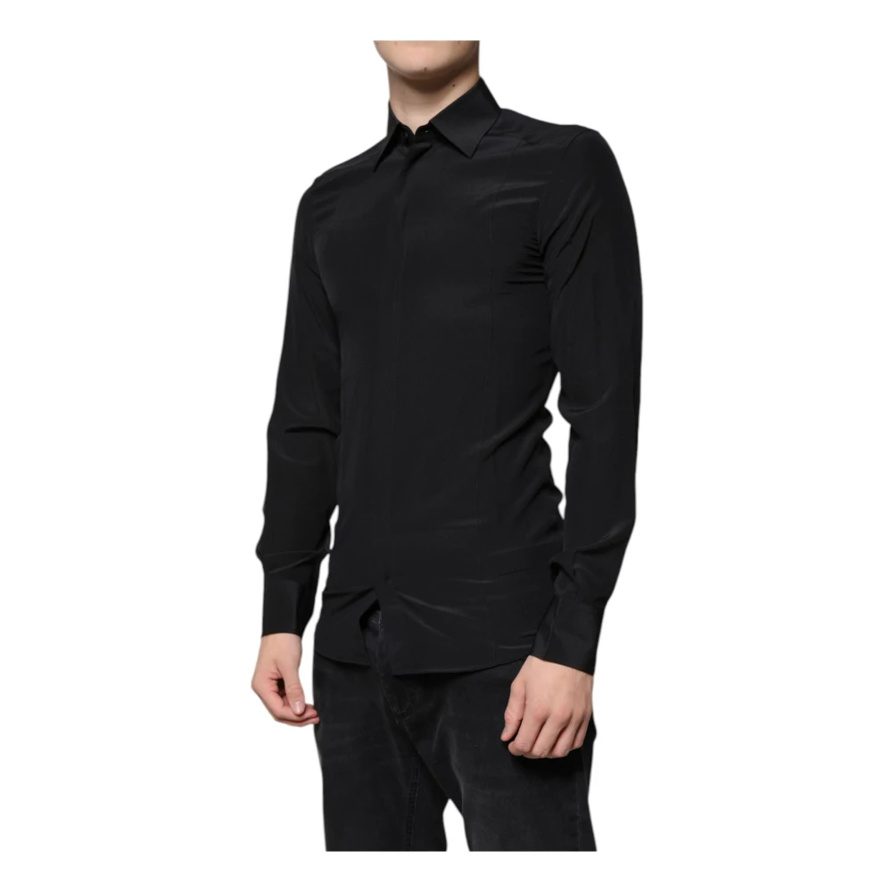 Dolce & Gabbana Zwarte Zijden Slim Fit Overhemd Black Heren