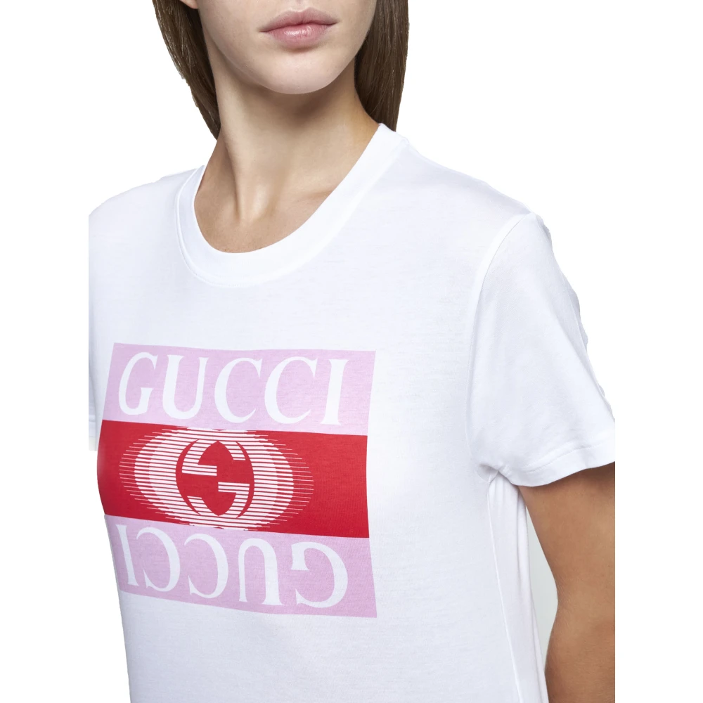 Gucci Katoenen T-shirt met rood en roze logo White Dames
