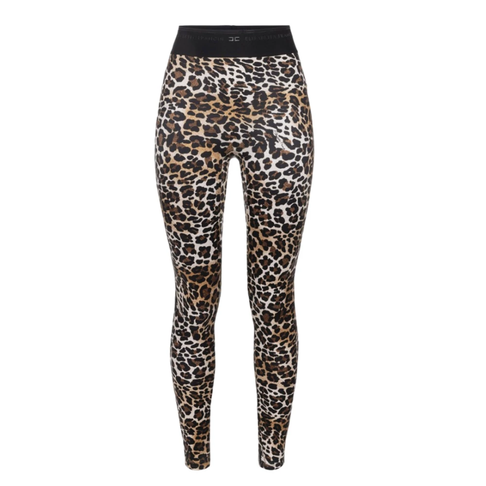 Elisabetta Franchi Animalier Slim Fit Shiny Lycra Leggings Brown, Dam