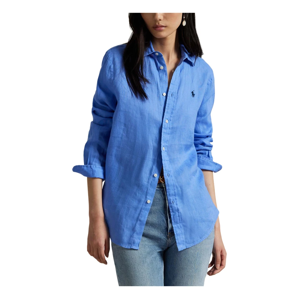 Polo Ralph Lauren Heldere Blauwe Linnen Shirt Elegante Pony Borduurwerk Blue Dames