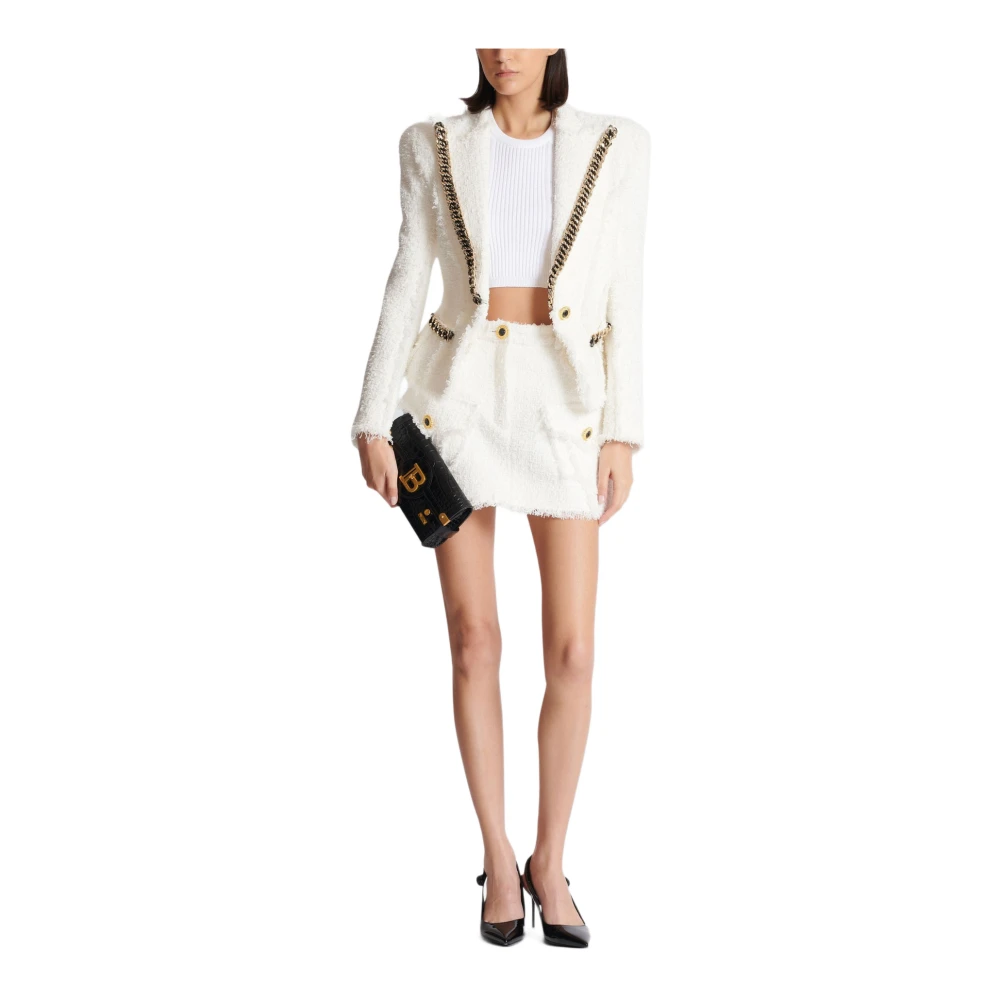 Balmain Tweed Trapeze Rok White Dames