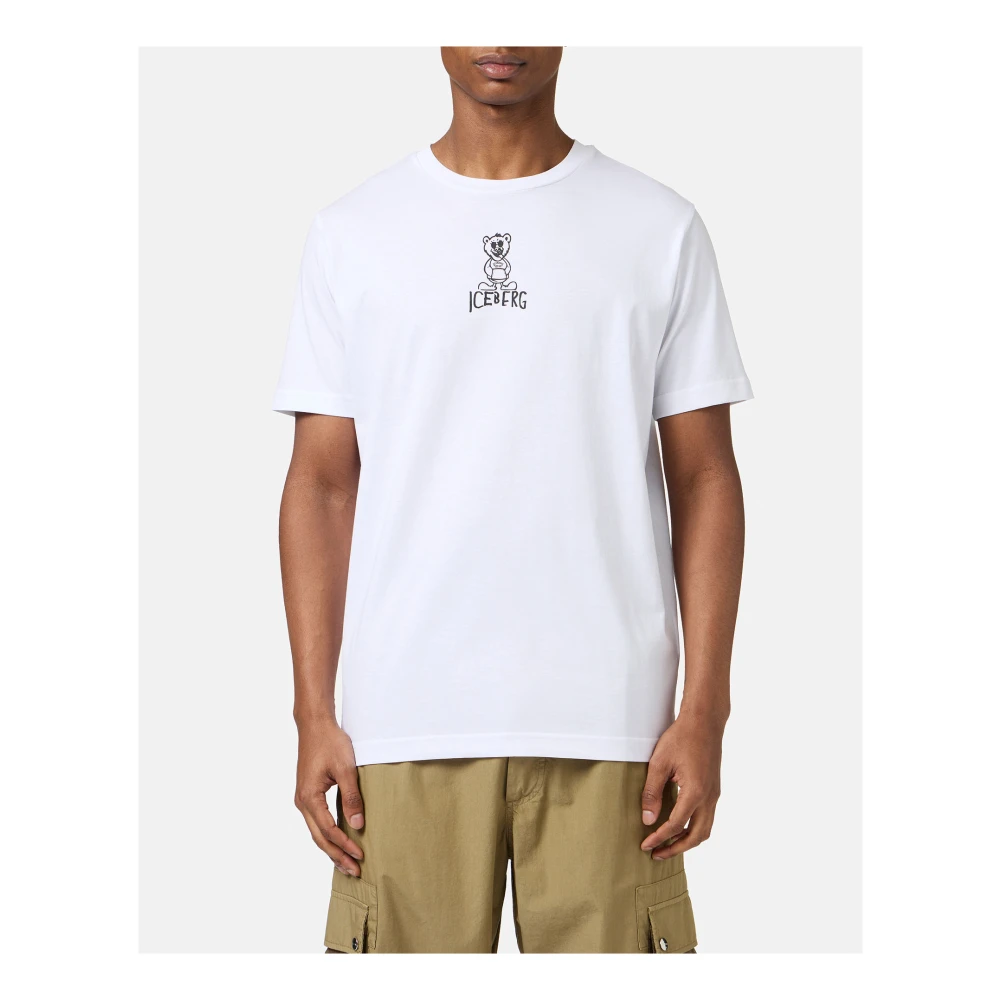 Iceberg Wit slim fit katoenen T-shirt met beerprint en ijsberglogo White Heren