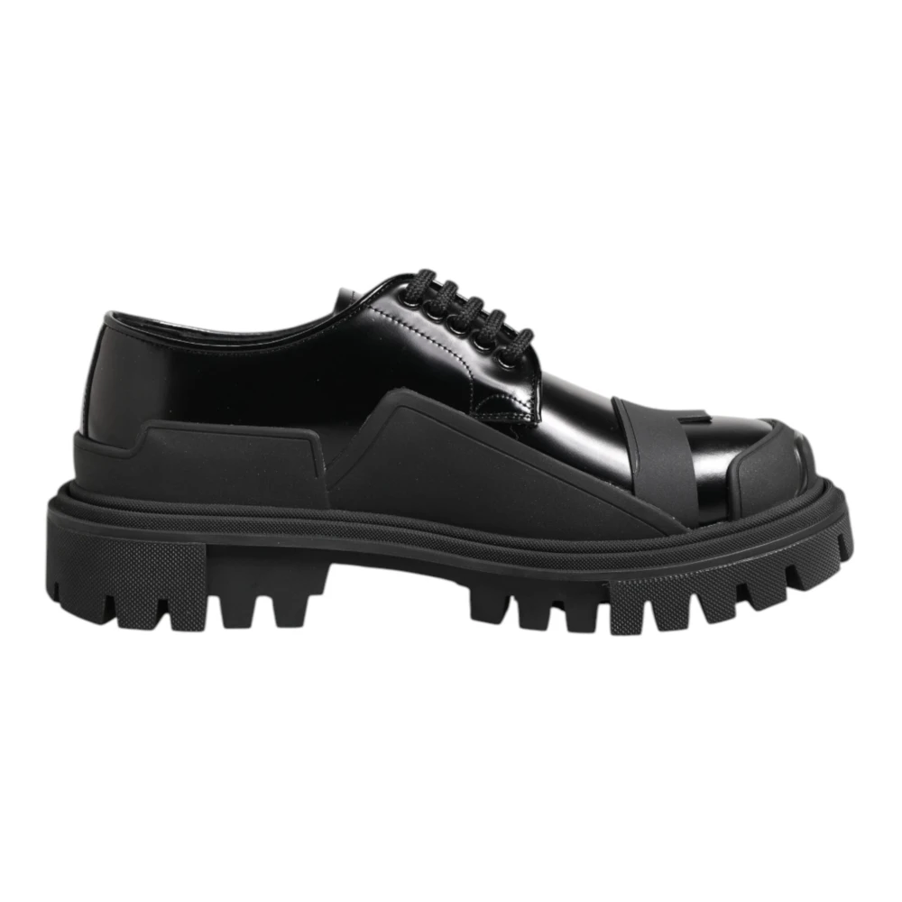 Dolce & Gabbana Men's Black Patent Leather Trekking Derby Shoes - Laced Shoes - 5 Uk - Shoes