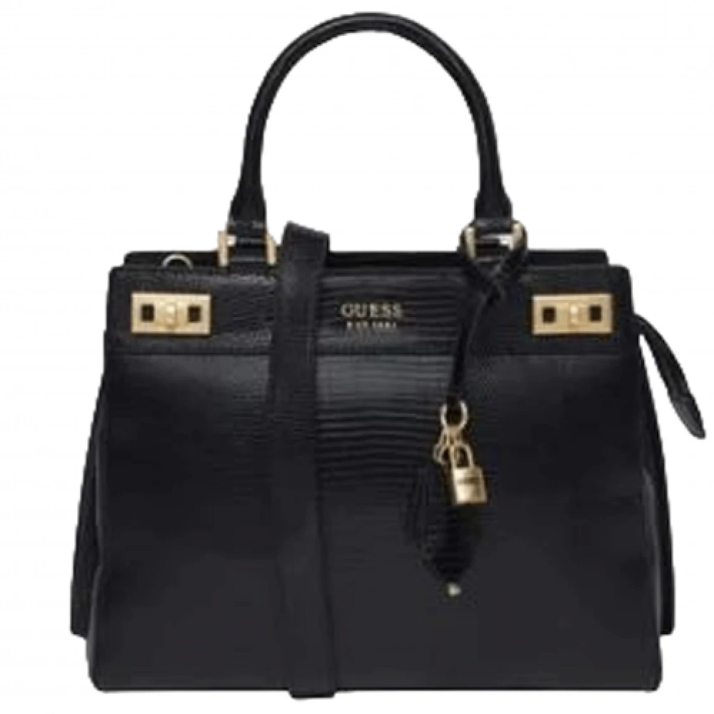 Guess Nieuwe Rechthoekige Zwarte Handtas met Gouden Rits Black Dames