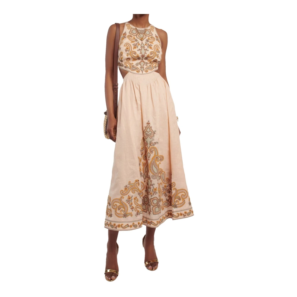Zimmermann Geborduurde Linnen Midi Jurk met Paisley Motieven Beige Dames