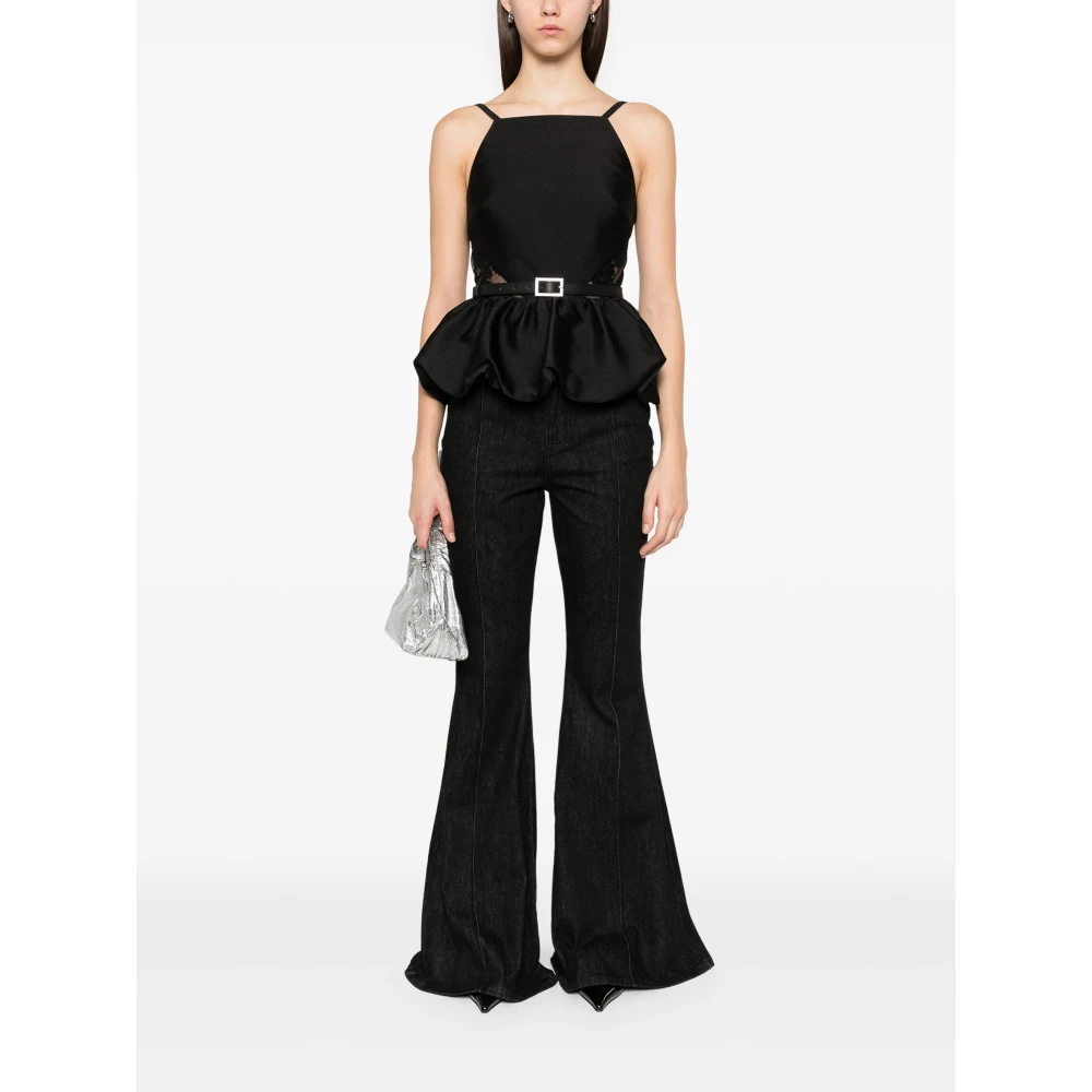 Self Portrait Zwarte Peplum Shirt met Kantpanelen Black Dames