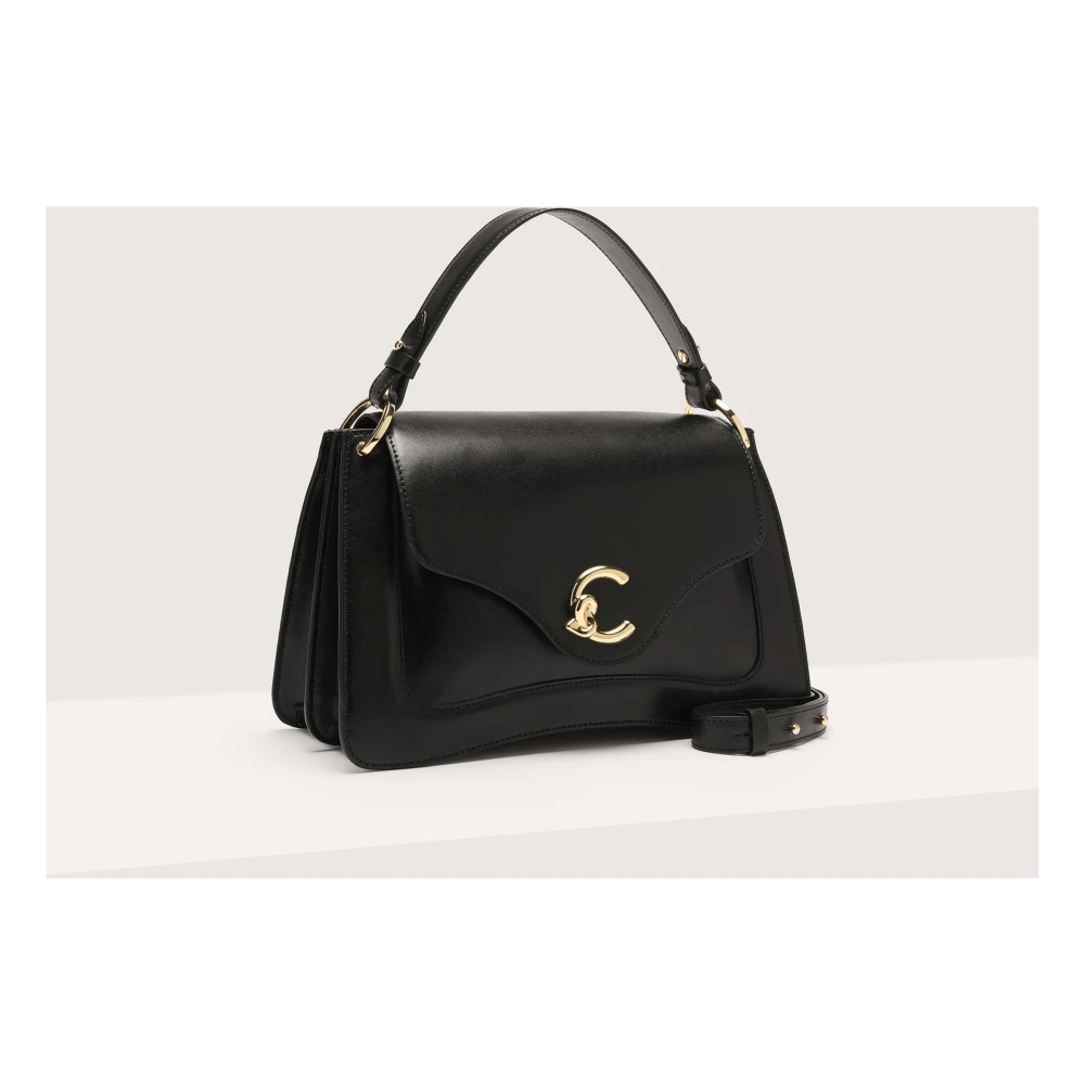Coccinelle Zwarte leren schoudertas met logodetail Black Dames
