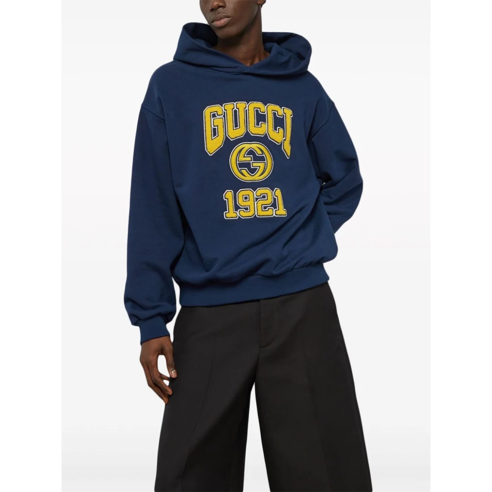 Gucci Grijze Hoodie met Teddy Logo Patch Blue Heren