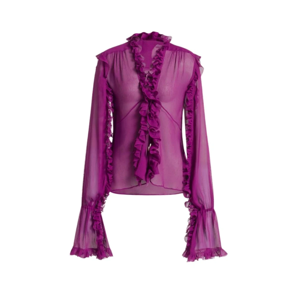 Alberta Ferretti Vrouw Purper Overhemden Dames, Paars, L, Zijden Georgette Blouse Met Ruffles