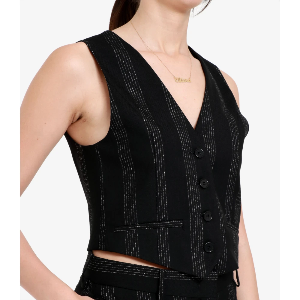 Msgm Zwarte Wollen V-hals Jas Pinstripe Black Dames