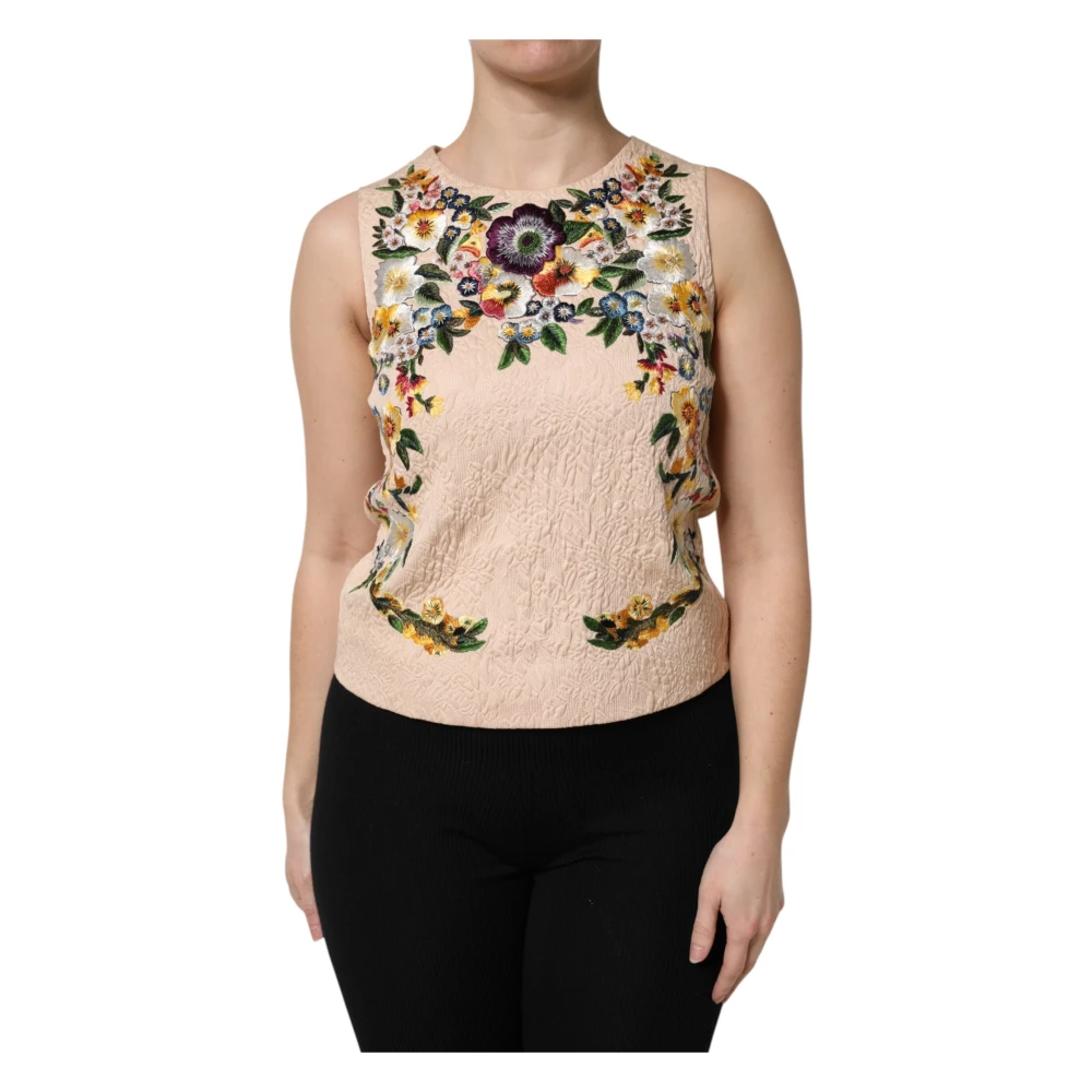 Dolce & Gabbana Vrouw Multicolor Tops Dames, Veelkleurig, Xl, Katoen, Beige Bloemenborduurwerk Tank Top