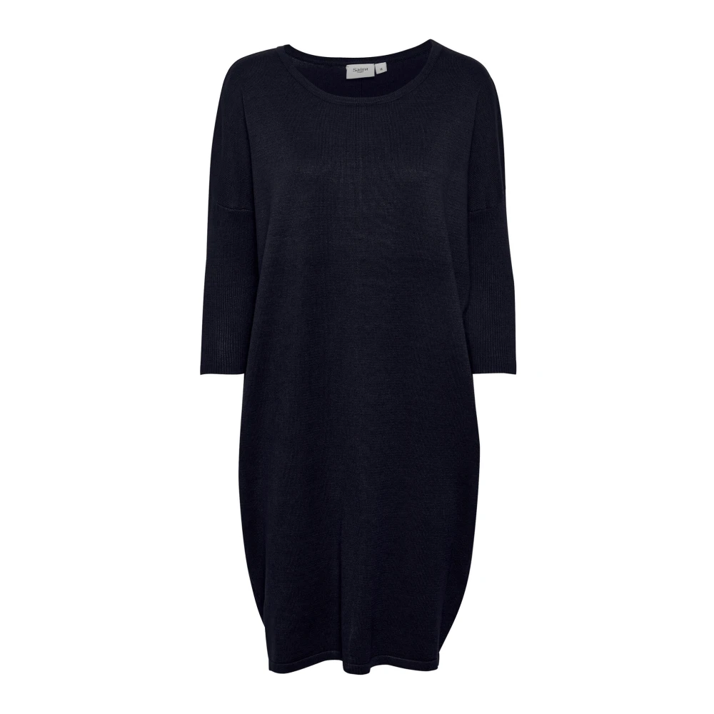 Saint Tropez Zachte Gebreide Jurk met Ronde Hals en ¾ Mouwen Black Dames