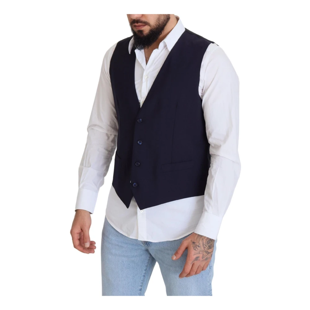 Dolce & Gabbana Wollen Vest met Logodetails in Donkerblauw Blue Heren