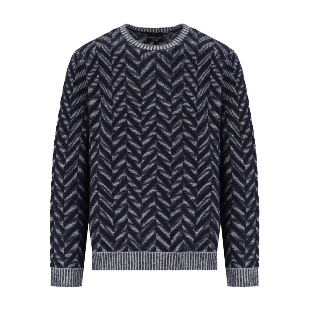 Emporio Armani Chevron Blauw Wol Crewneck Jumper Blue Heren