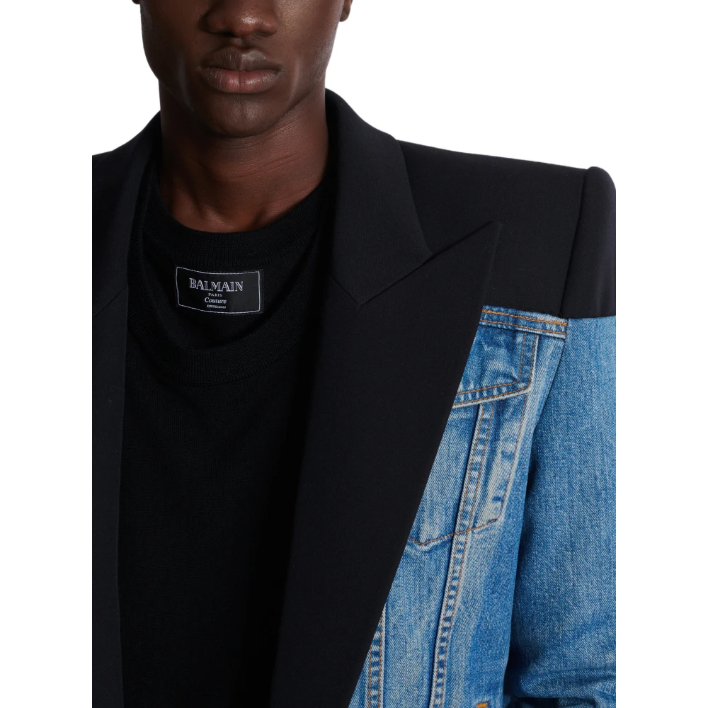 Balmain Geknipte denim- en graan de poudre-jas Black Heren
