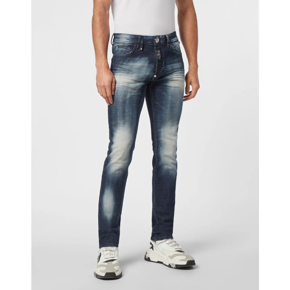 Philipp Plein Hexagon Denim Broek met Logo Label Blue Heren