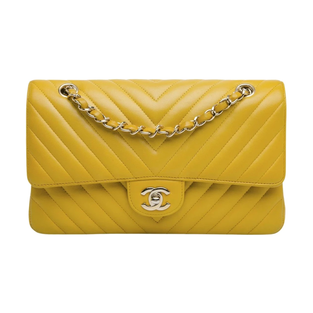 Chanel Vintage Women's Yellow Pre-Owned Vintage Chevron Quilted Flap Bag With Chain Strap