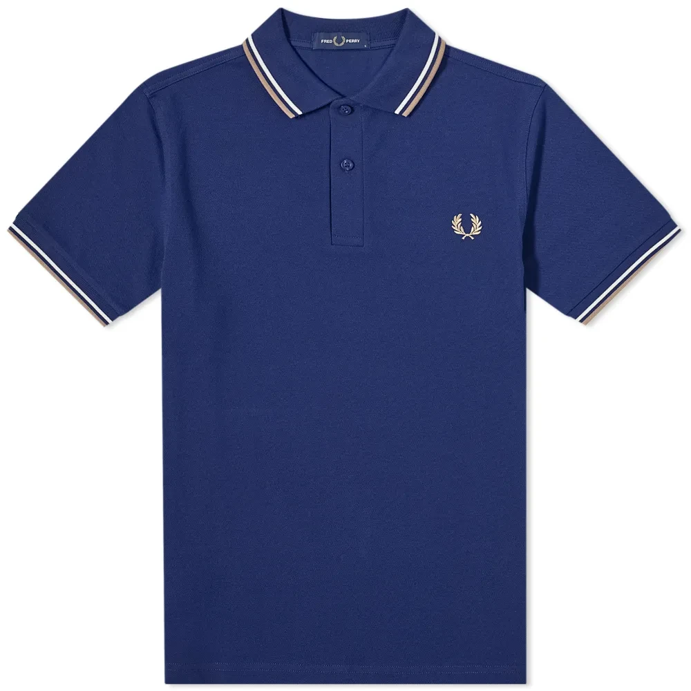 Fred Perry Slim Fit Twin Tipped Polo in French Navy Ecru Warm Stone Blue Heren