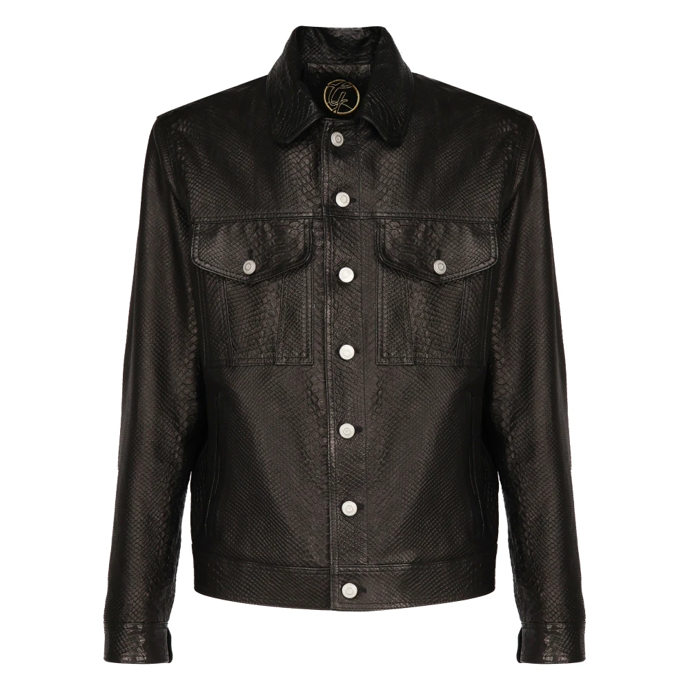 Giuliano Galiano Zwarte Leren Python Print Jas Black Heren