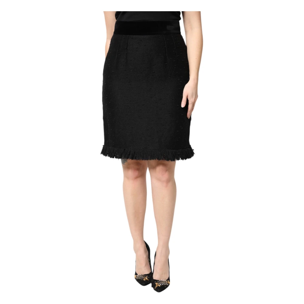 Dolce & Gabbana Women's Black Wool Fringe High Waist Pencil Mini Skirt - Midi Skirts - L - Skirts