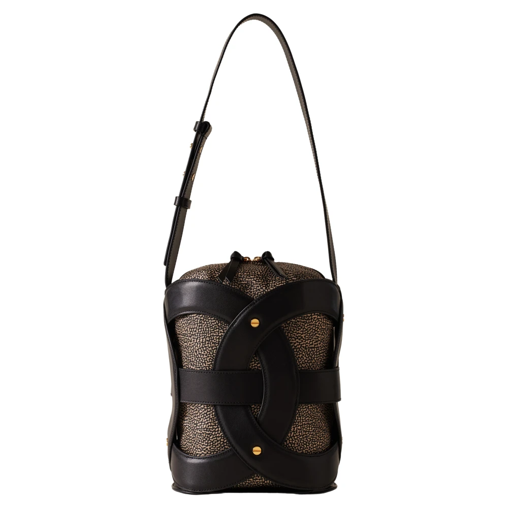 Borbonese Zwarte Leren Bucket Tas met Weefsel Black Dames