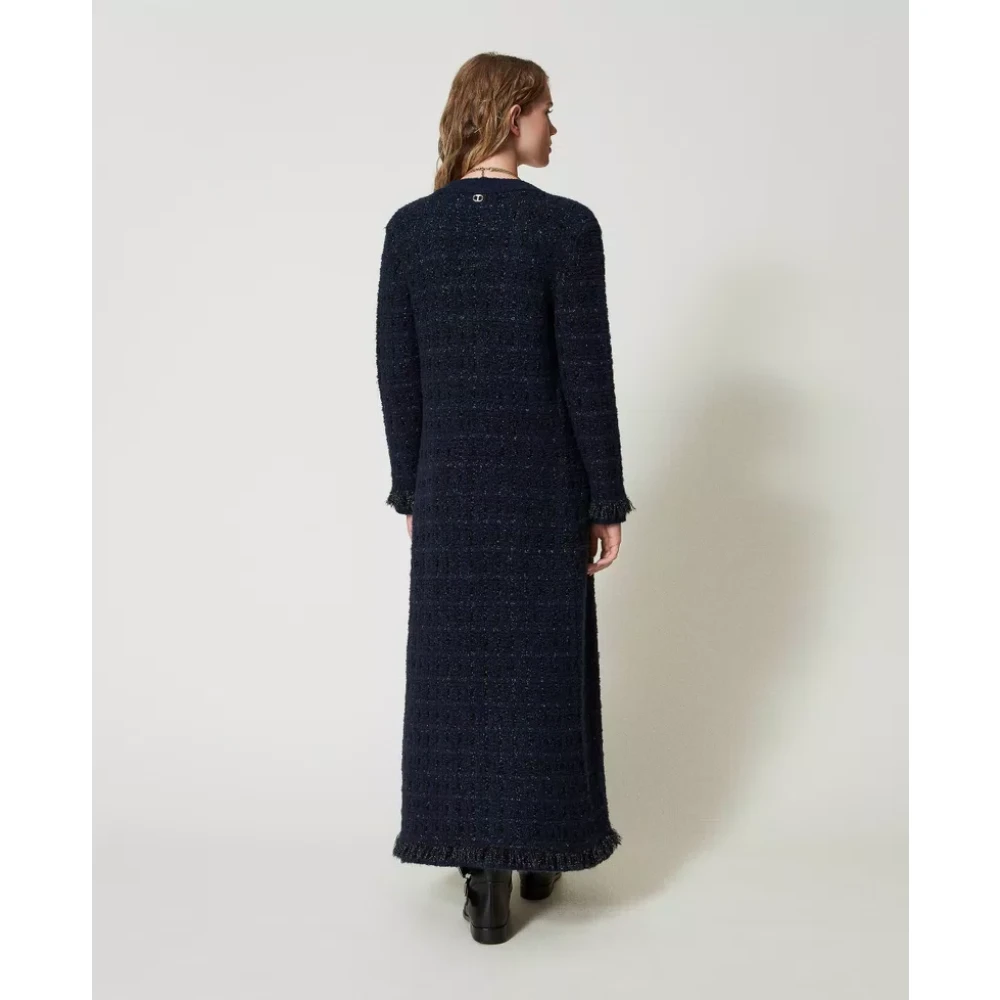 Twinset Jacquard Check Cardi-Coat met Franjes Blue Dames