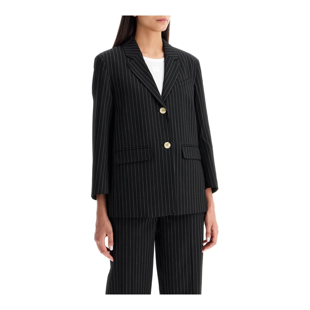 Ganni Gestreepte Boxy Blazer met Gewatteerde Schouders Black Dames