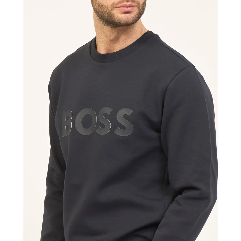 Boss Blauwe Crewneck Sweater Logo Print Blue Heren