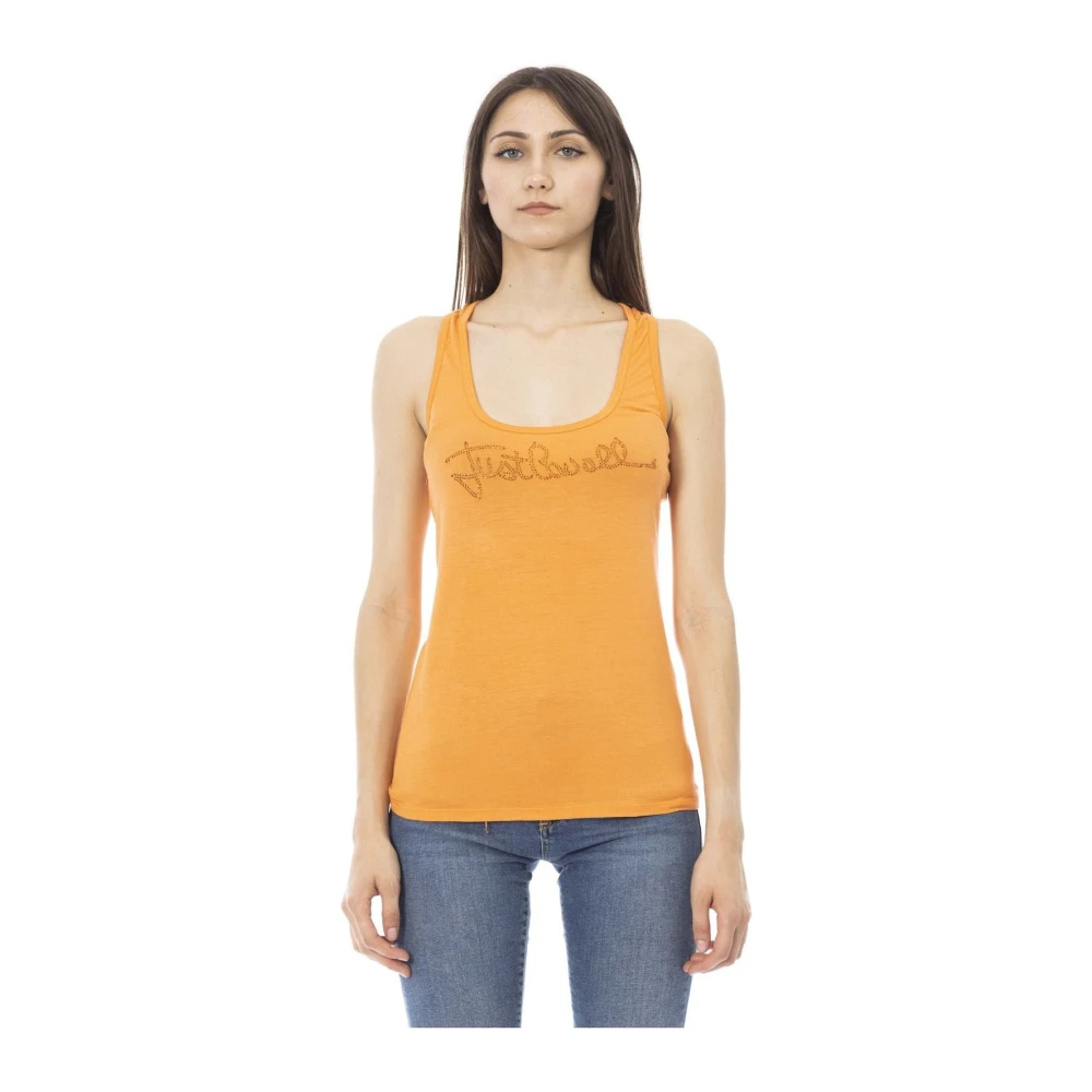 Just Cavalli Mouwloze tanktop voor dames met strass logo Orange Dames