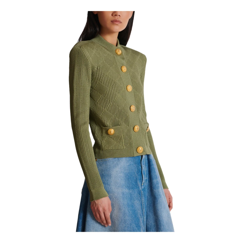 Balmain Gingham Openwork Knit Cardigan Green Dames