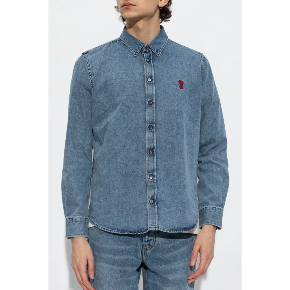 Ami Paris Denim shirt met logo Blue Heren