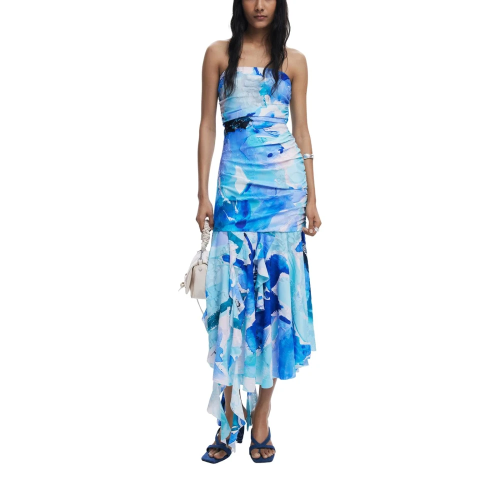 Desigual Women's Multicolor Midi Dresses,, Blue Square Neck Zip Dress Small