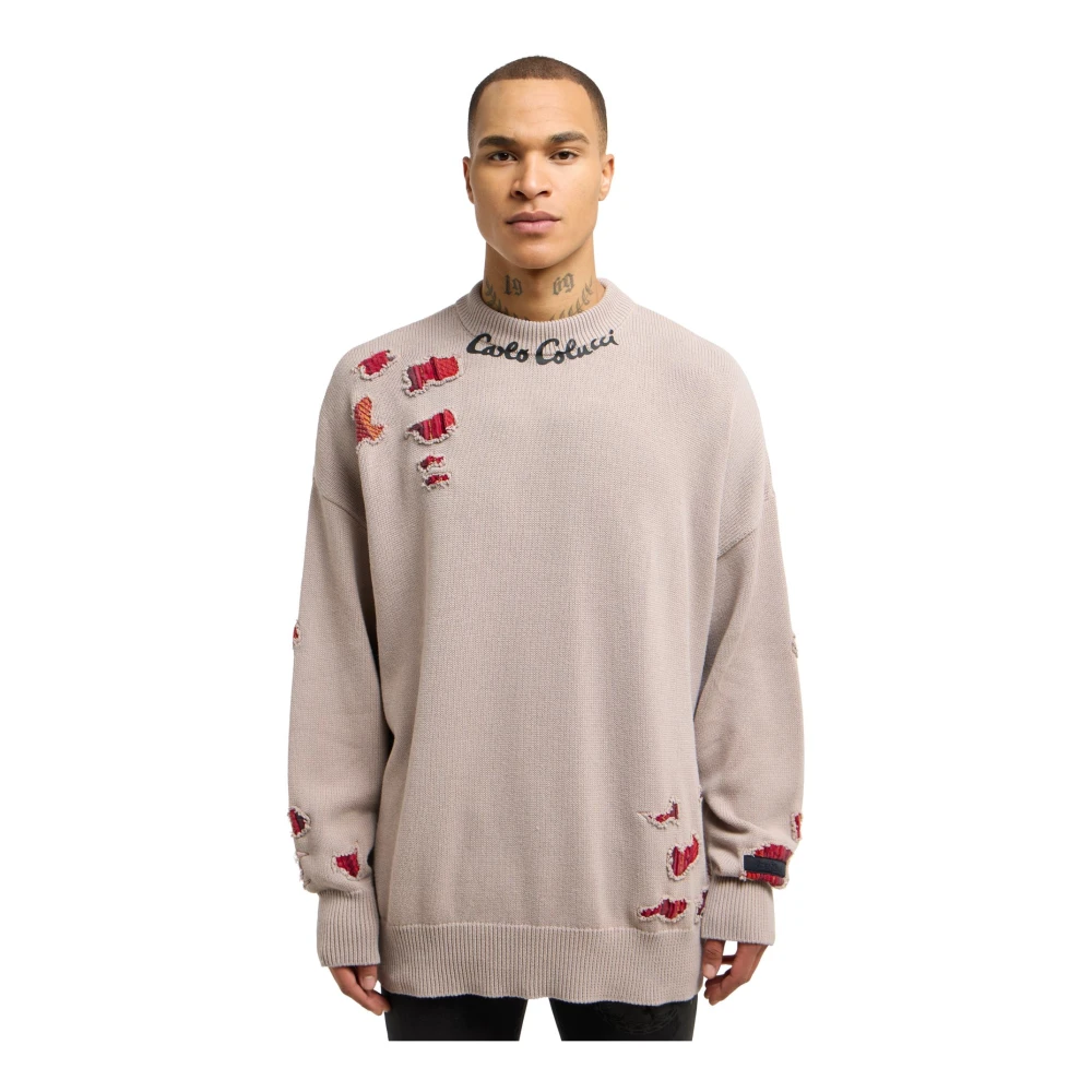carlo colucci Tijdloze Oversized Trui met Gebreid Patroon Beige Heren
