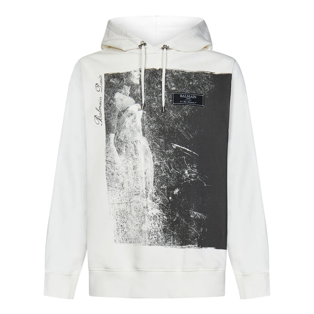 Balmain White Cotton Hoodie With Photographic Print - Male - Hoodies - M - Sweatshirts & Hoodies