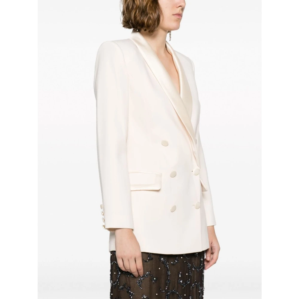 Elisabetta Franchi Beige Dubbelbreasted Jas met Satijnen Details Beige Dames