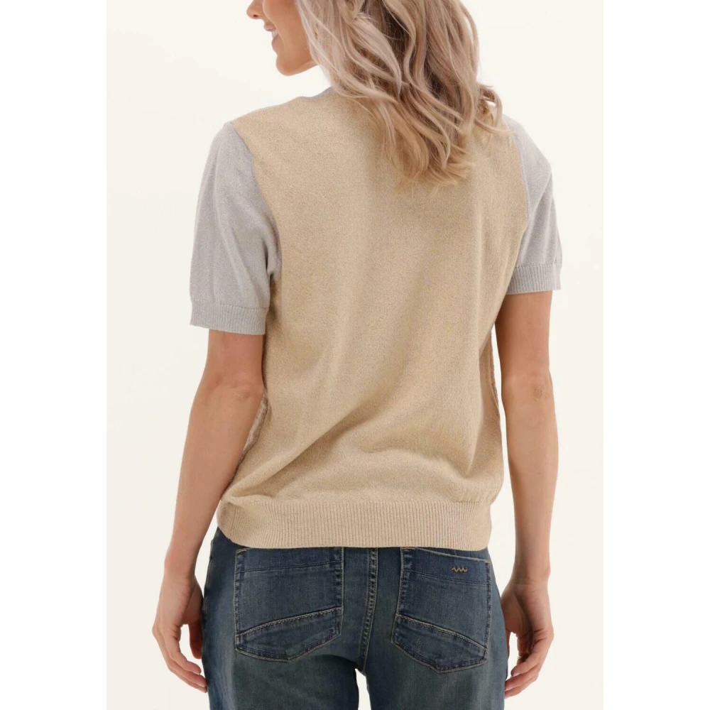 Summum Woman Korte Mouw Glanzende Jacquard Sweater Beige Dames