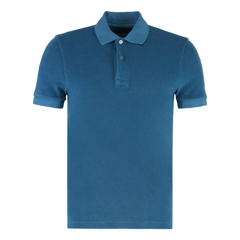 Tom Ford Men's Blue Polo Shirts, 2XL, Cotton Towelling Polo Shirt With Ribbed Edges