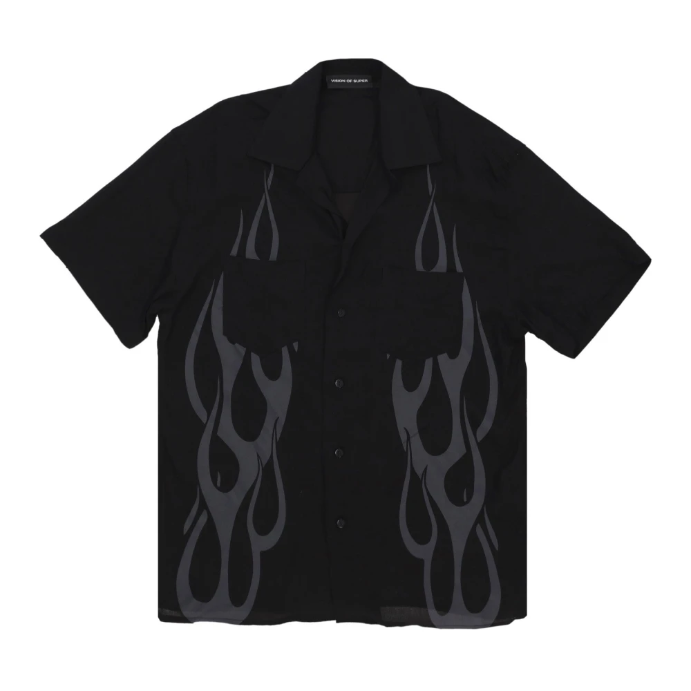 Vision Of Super Men's Black Short Sleeve Shirts, S, Flames All Over Short Sleeve Shirt