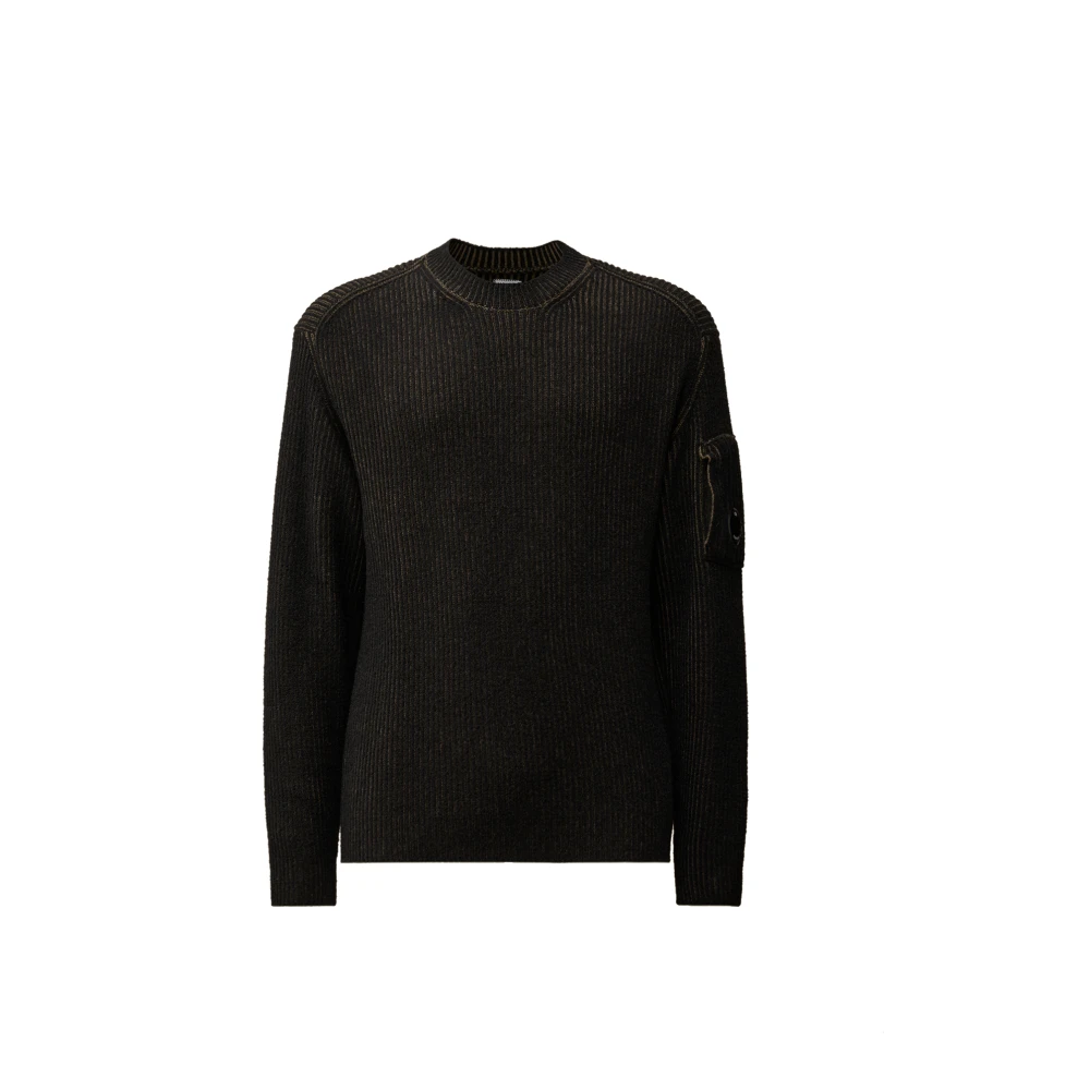 C.p. Company Men's Brown Ribbed Crewneck Jumper With Lens Pocket - Round-Neck Knitwear - 2XL - Knitwear