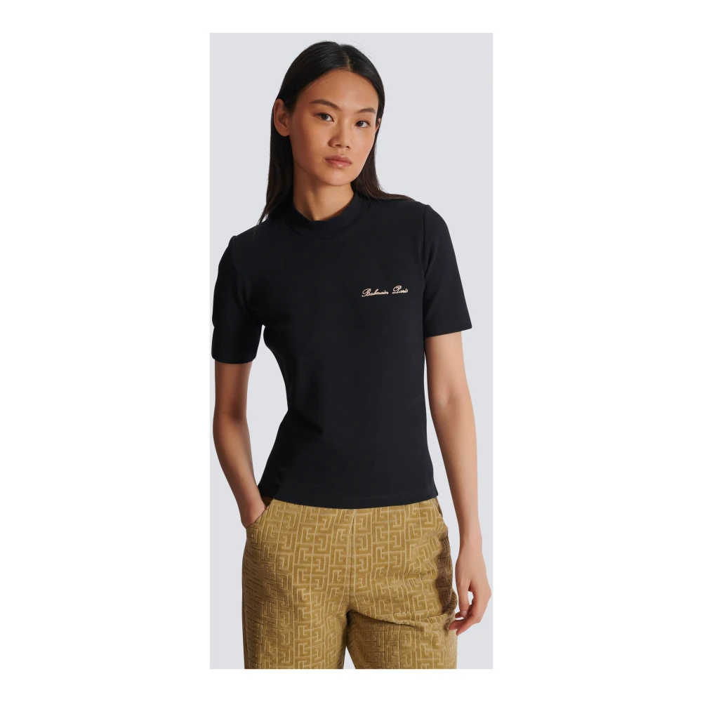 Balmain Geborduurd Signature T-shirt Black Dames