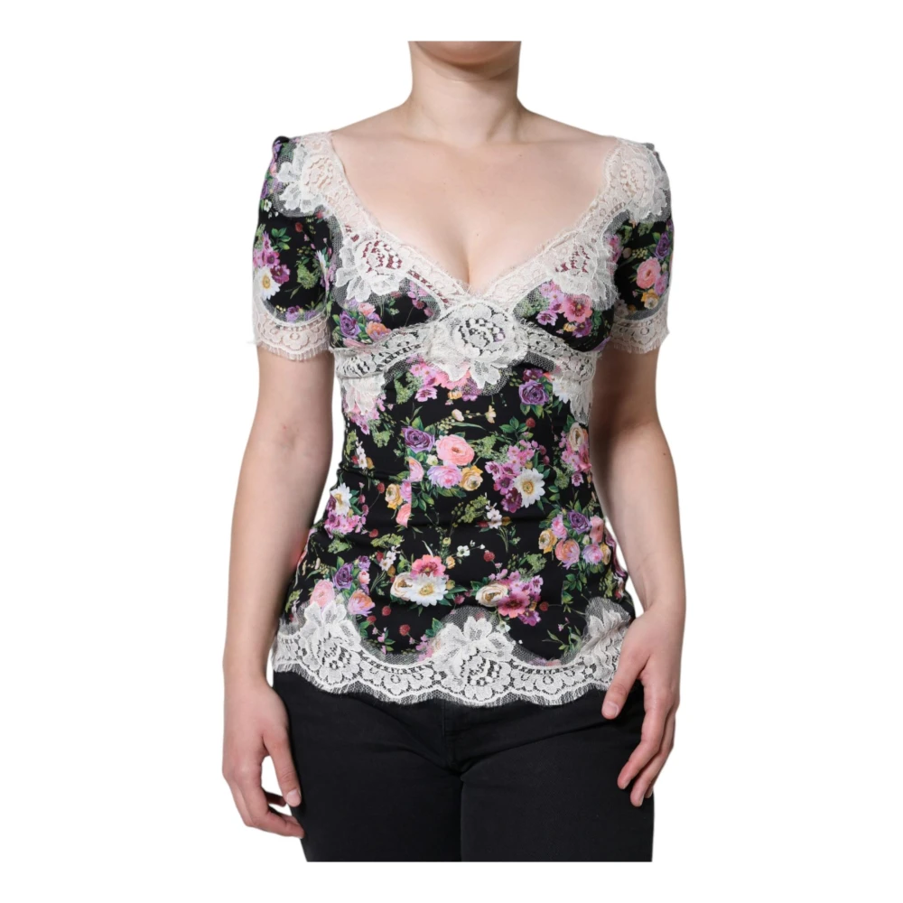 Dolce & Gabbana Women's Multicolor Blouses, S, Black Floral Lace Blouse Top