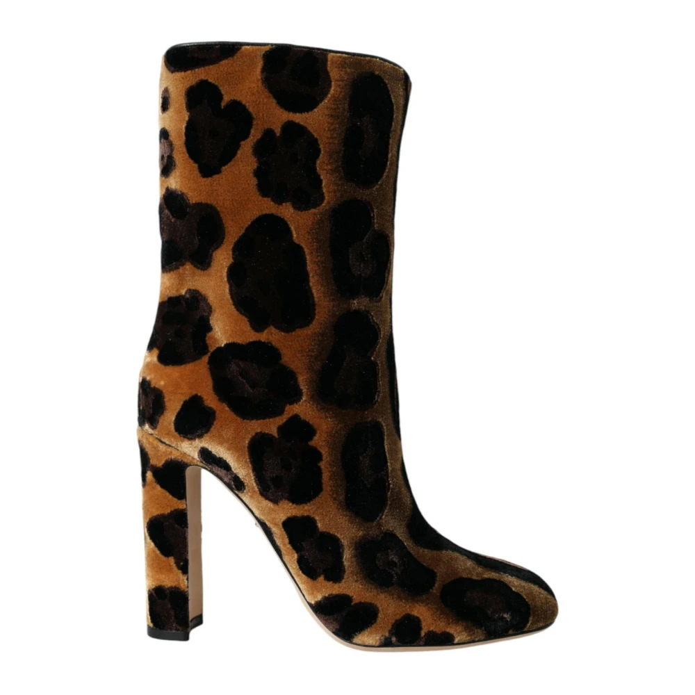 Dolce & Gabbana Leopard Print Velvet Booties Brown, Dam