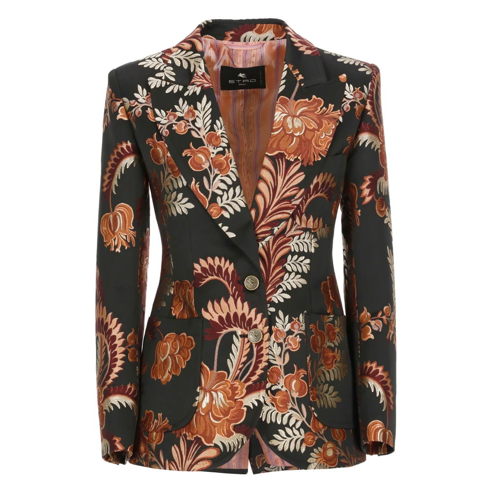 ETRO Zwarte Bloemen Blazer Peak Revers Multicolor Dames