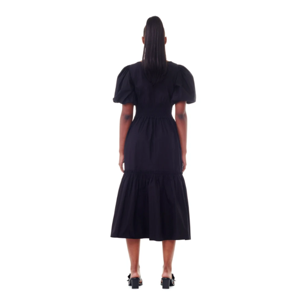 Ganni Zwarte Katoenen V-Hals Jurk Black Dames